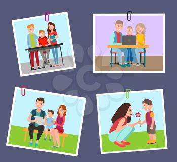 Set of colorful banners with parents and children, vector illustration isolated on blue backdrop, white frames, parenting process, outdoor activity