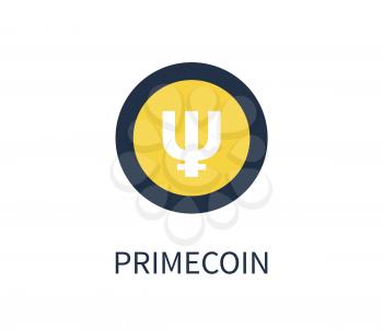 Primecoin icon, innovative cryptocurrency, form of digital currency, symbol in circle and letterings below, vector illustration isolated on white