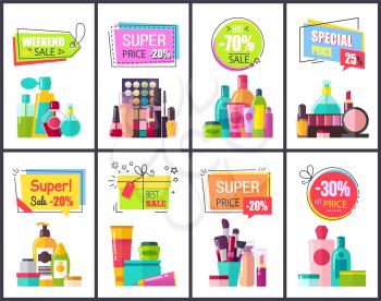 Weekend sale for perfumes and cosmetics promotional posters. Special price for beauty means advertisement banners cartoon flat vector illustrations.
