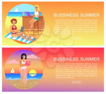 Business summer, pages collection with buttons and text sample with letterings, woman with laptop, bar and cocktail, isolated on vector illustration