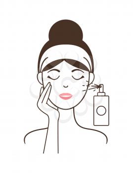 Girl in headband applies healthy fresh micellar water from small spray bottle isolated cartoon flat outline vector illustration on white background.
