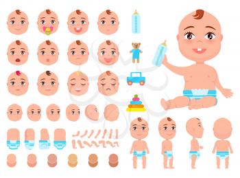 Happy infant in diaper holds bottle of milk or choose toy, baby constructor create your character newborn vector illustration with little child isolated