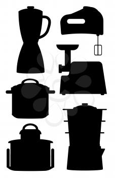 Set of black silhouettes of kitchen instruments, vector illustration of mixer, various multicookers, food processor, isolated on white background