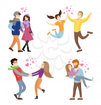 Togetherness concept set of young man and woman spending time at Valentines Day together vector illustration isolated on white background, merry lovers