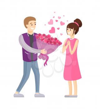 Man presenting luxury bouquet of flowers to woman, vector illustration of dating couple in love vector illustration isolated on white background