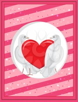 Domestic tender white pigeons in love and big red heart on festive Valentines day poscard template with pink striped background vector illustration.