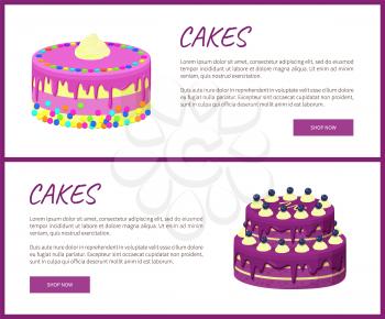 Cakes variety delicious desserts, web page for online shopping with text, sweet bakery with cream, banners isolated on vector illustration