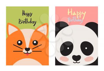 Happy Birthday, cards collection, with kitten and whiskers, and panda with glowing cheeks, lettering above, vector illustration isolated on white