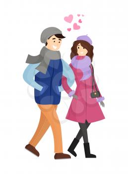 Young couple in winter cloth vector illustration isolated on white background. Dating girlfriend and boyfriend in warm apparel, hearts over heads