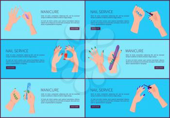 Manicure and nail service, set of web pages with headlines and text sample, buttons and hands with brush and fingernail polish vector illustration