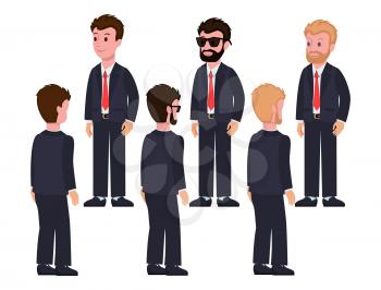 Male characters in classic formal suits and red ties from front and back views isolated cartoon flat vector illustrations set on white background.