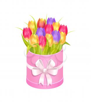 Bouquet of tulips in box, poster with flowers and plant and leaves, symbolic image of springtime, vector illustration isolated on white background
