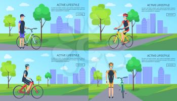 Active lifestyle, pages for internet site, collection with bicyclists and bikes, cityscape and lush greenery with clouds in sky, vector illustration