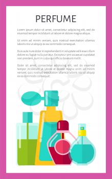 Perfume poster with text sample, title and frame of pink color bottles with essences and fine scents, vector illustration isolated on white background