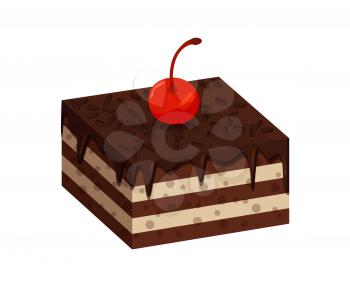 Tasty cake made of tender cream with liquid dark chocolate and sweet cherries on top isolated cartoon flat vector illustration on white background.