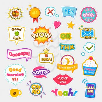 Bright stickers with short and expressive phrases on tasty cupcake, small explosion, red lips and geometric shapes isolated vector illustrations set.