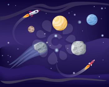 Planets and rockets, poster set, with asteroids and meteors, spaceships and stars, earth and mono, vector illustration isolated on blue background