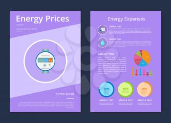 Energy prices and expenses two statistics posters, vector illustration with counter icon, bright blue water drop, colorful round diagrams, text sample
