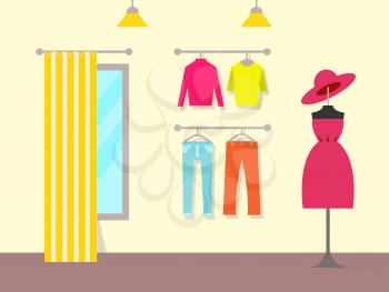 Pleasant interior of clothing store, color poster with cute pink dress and hat on standing hanger, pair of trousers t-shirt and shirt, locker room