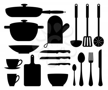 Kitchen utensil cute patterns vector illustration with black silhouettes of knives, fork and spoons, cups and pan, plate and glove, white backdrop