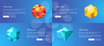 Luxury gemstones promotional Internet posters templates set with headers in italic font, sample text and buttons cartoon vector illustrations set.