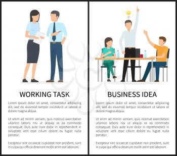 Working task and business idea, placards with text and headline, man and woman talking, businessman and bulb as sign of solution vector illustration