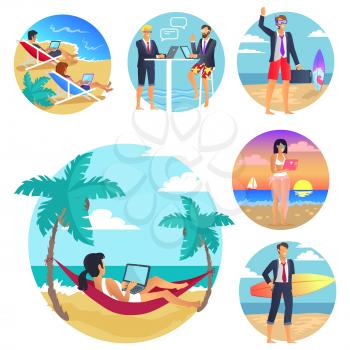 Business trip vacations poster, people resting by seaside, hammock and woman lying in it, laptop and businessmen, surfing and sea vector illustration