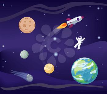 Planets set and flying cosmonaut, Mercury and Moon, Earth and stars, rocket and man in cosmos, astronaut and bodies isolated on vector illustration