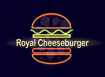 Royal cheeseburger cafe bright neon street promo signboard with sign in middle of burger isolated cartoon vector illustration on dark background.