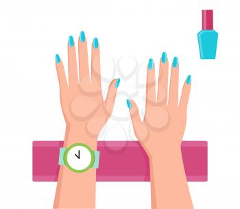 Pretty blue manicure banner, vector illustration with two women s hands, cute watch with bright green border, pink towel, bottle with nail polish