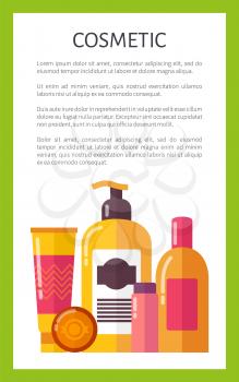 Cosmetic for skincare citrus set promotional vertical banner with bright bottles and containers cartoon flat vector illustrations and sample text.