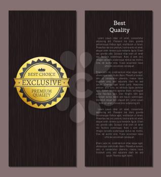 Best quality premium choice exclusive golden label award emblem isolated on wooden backdrop. Vector illustration of gold seal certificate poster