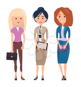 Employees ladies collection, poster with woman wearing suit and holding notebook, females with bags vector illustration isolated on white background