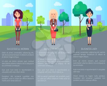 Successful woman business lady vector illustrations with three cute women in varied dresses, dark suit, red t-shirts and skirt, text sample, grey road