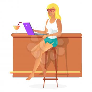 Business summer, poster with woman and laptop, cocktail and bar, freelance job allows to work anywhere and anytime, isolated on vector illustration