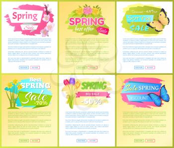 Springtime sale posters set discounts butterflies and springtime flowers, vector illustration promo stickers, web posters with buttons read more buy now