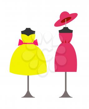 Mannequins in modern fashionable yellow gown with big bow and pink dress with elegant hat isolated cartoon vector illustrations on white background.