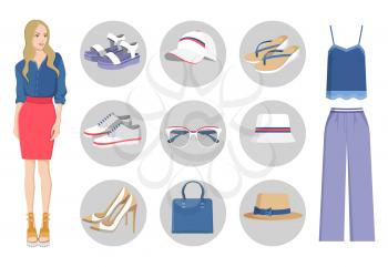 Woman and collection of clothes, trousers and blouse, shoes and bag, sunglasses and necklace, skirt and jacket, vector illustration isolated on white