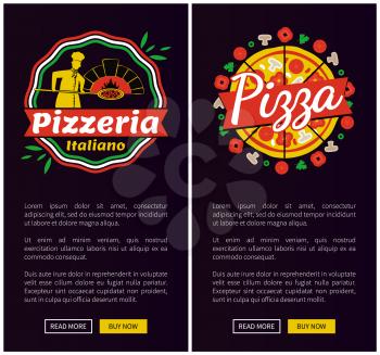 Italian pizza of best quality vertical web pages. Pizzeria with delicious food Internet promotional posters templates cartoon vector illustrations.