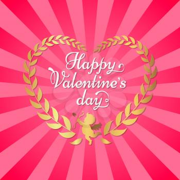 Happy Valentines day poster with inscription in hearts shape frame, cupid with wings and leaves vector illustration isolated on pink rays background
