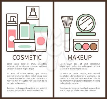 Cosmetic and makeup, set of posters with hand drawn elements and text sample with title, products for women vector illustration isolated on white