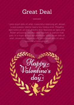Great deal Happy Valentines day poster with heart made of decorative golden leaves, cupid silhouette on pink background with place for text