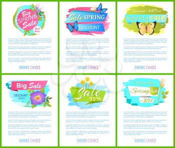Spring sale posters set discounts butterflies and springtime flowers, vector illustration promo stickers, web posters with buttons read more buy now