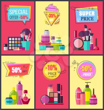 Special offer for cosmetics and skincare means advertisement banners set. Half price for makeup elements and tools promo posters vector illustrations.
