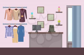 Summer mode store, poster with shelves and plants with flowers, jackets and dresses, counter with computer and curtain and mirror vector illustration