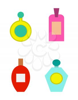 Perfumes collection of items, poster with containers of different shapes with oils, great fragrances, womens products isolated on vector illustration