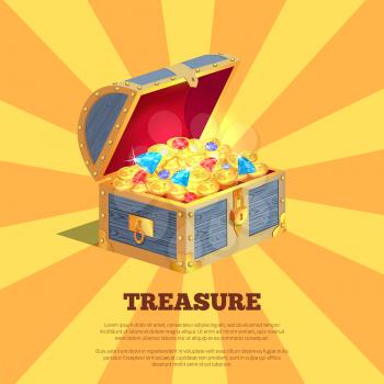 Treasure poster with wooden chest full of ancient gold treasures. Bright gems, precious jewelry and shiny coins. Old royal treasure in container vector