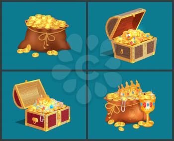 Old bags and wooden chests full of treasures set. Gold coins, luxurious jewelry, metal shiny money and expensive gems isolated vector illustrations.