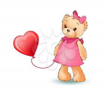Female teddy bear holding red balloon in shape of heart in paws, fluffy character wearing dress and bow, vector illustration isolated on white