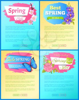 Color spring sale posters set discounts butterflies and springtime flowers, vector illustration promo stickers, web posters buttons read more buy now